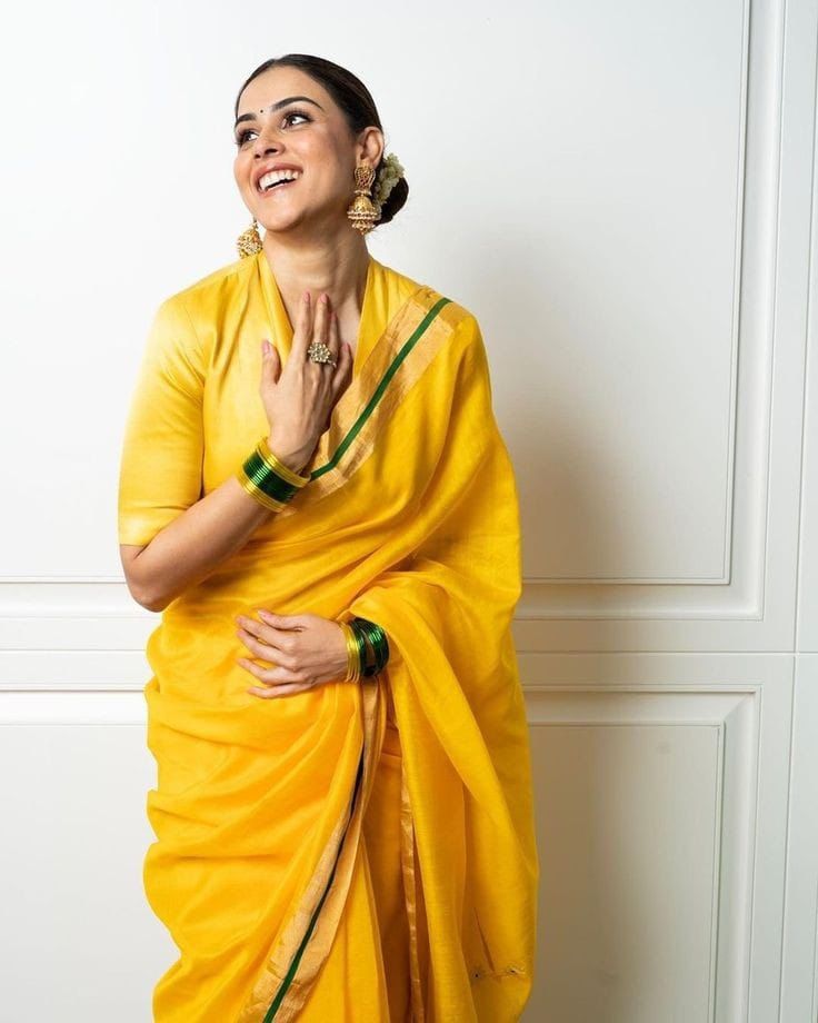Yellow Golden Green line mul cotton saree