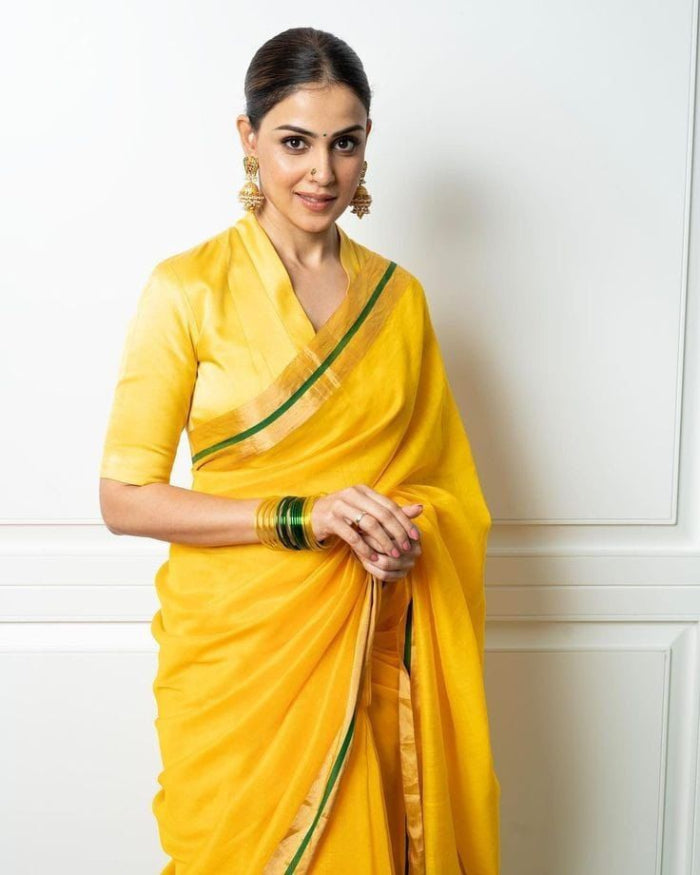 Yellow Golden Green line mul cotton saree