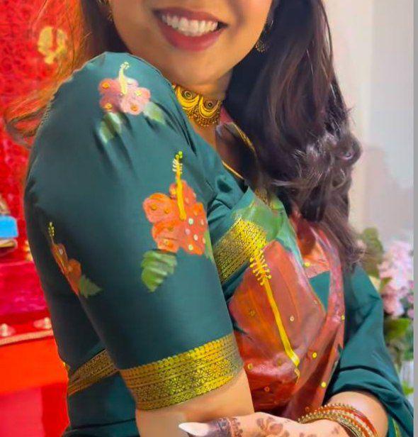 Hand Painted Hibiscus Saree with Blouse