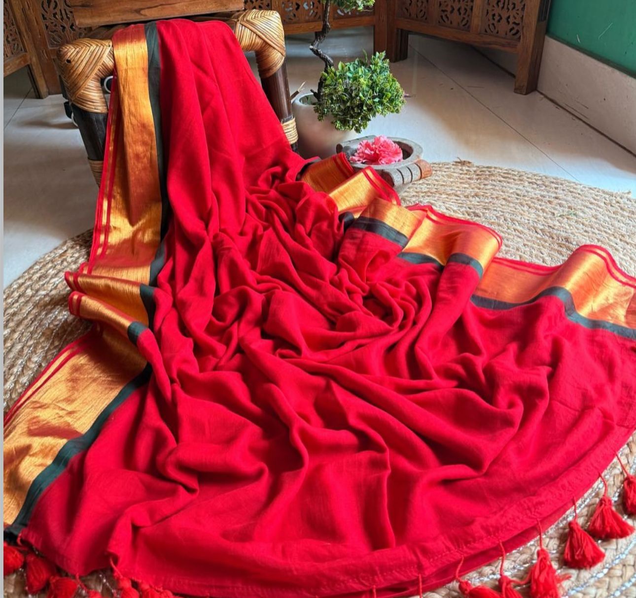 Red pure mul cotton saree