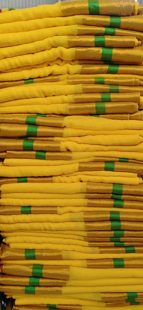 Yellow Golden Green line mul cotton saree